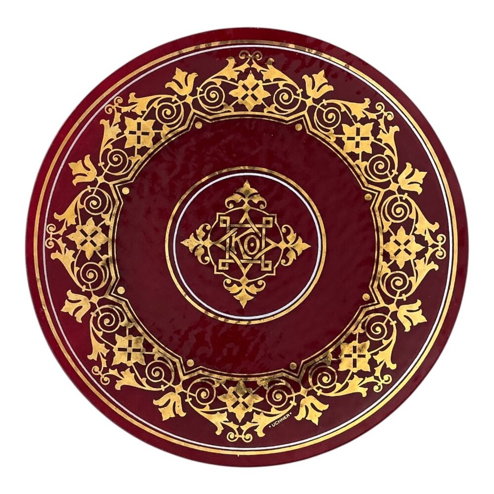 Vintage UCHNER Kokomo Opalescent Glass Plate – 12" Red & Gold – KO Emblem – Mid-